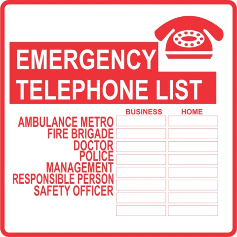 Emergency Telephone list safety sign
