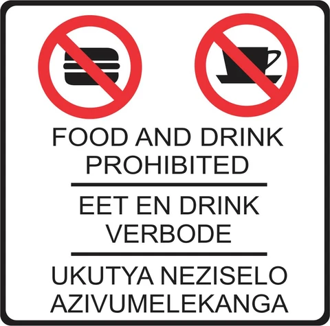 Food and Drink Prohibited - 3 languages safety sign 