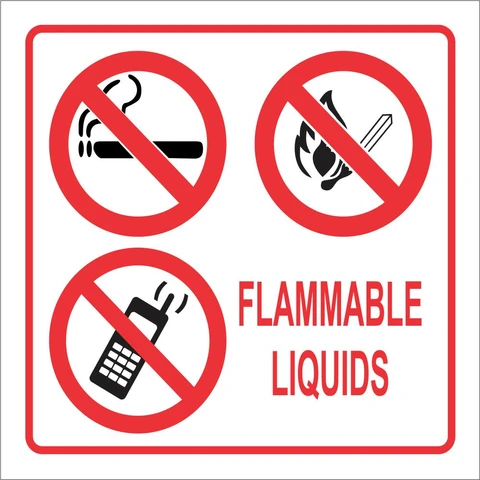 Flammable Liquids includes No Smoking, No Flames and No Cellphones safety sign