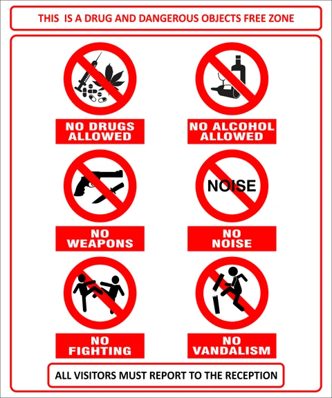 This is a drug and dangerous objects free zone safety sign 