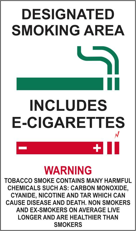 Designated Smoking Area includes E-Cigarettes safety sign 