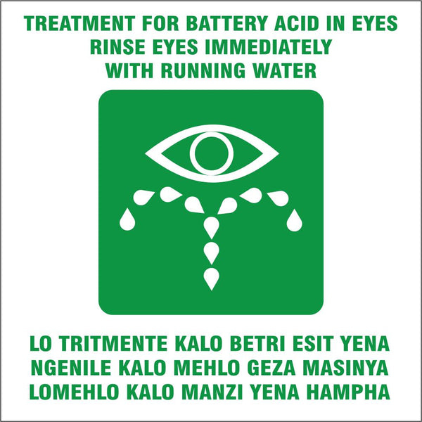 Treatment for battery acid in eyes - 2 languages safety sign 