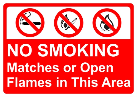 No Smoking, Matches or open flames in this area safety sign